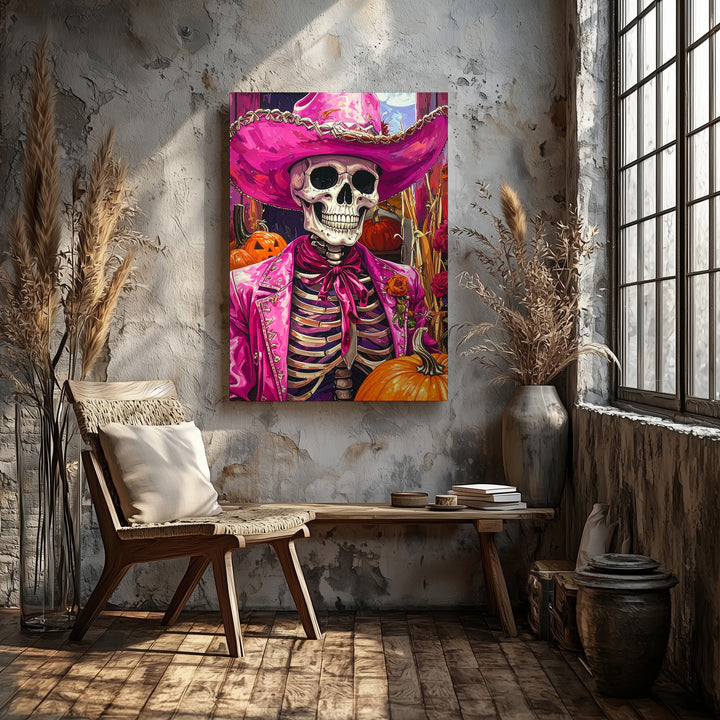 Feathered Cowboy Skeleton Canvas – Bright Pink Western Halloween Art with Pumpkins - Gifitto