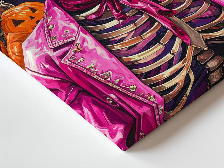 Feathered Cowboy Skeleton Canvas – Bright Pink Western Halloween Art with Pumpkins - Gifitto