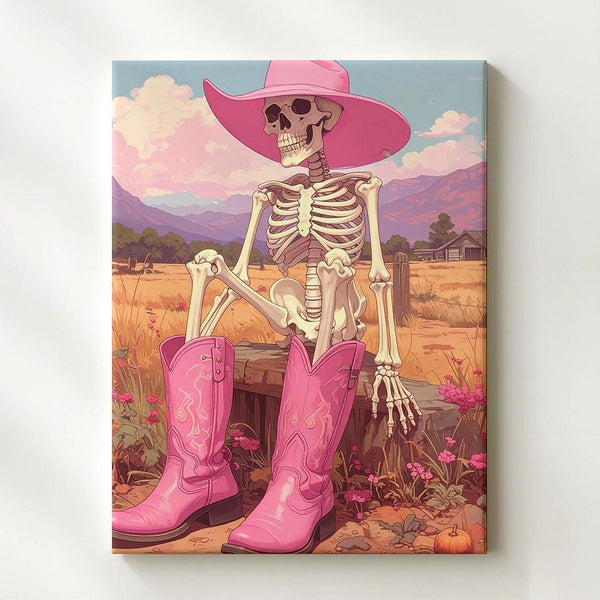 Cowgirl Skeleton Canvas – Pink Hat & Boots Western Halloween Wall Art - Gifitto