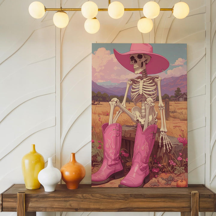 Cowgirl Skeleton Canvas – Pink Hat & Boots Western Halloween Wall Art - Gifitto