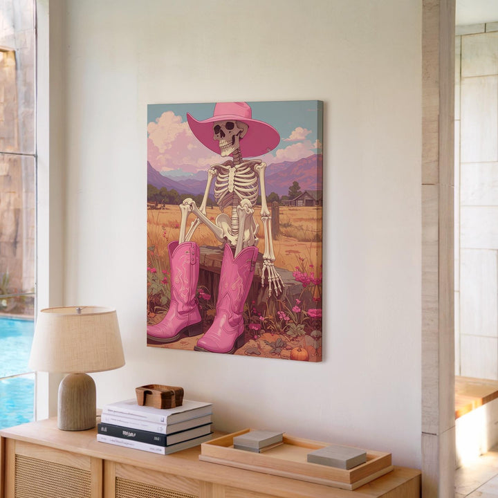 Cowgirl Skeleton Canvas – Pink Hat & Boots Western Halloween Wall Art - Gifitto