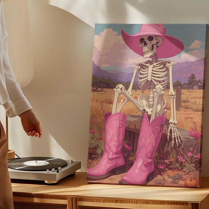 Cowgirl Skeleton Canvas – Pink Hat & Boots Western Halloween Wall Art - Gifitto