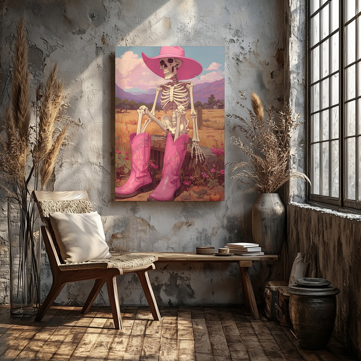 Cowgirl Skeleton Canvas – Pink Hat & Boots Western Halloween Wall Art - Gifitto