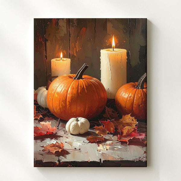 Cozy Autumn Candle & Pumpkin Canvas – Warm Thanksgiving Still Life Art - Gifitto