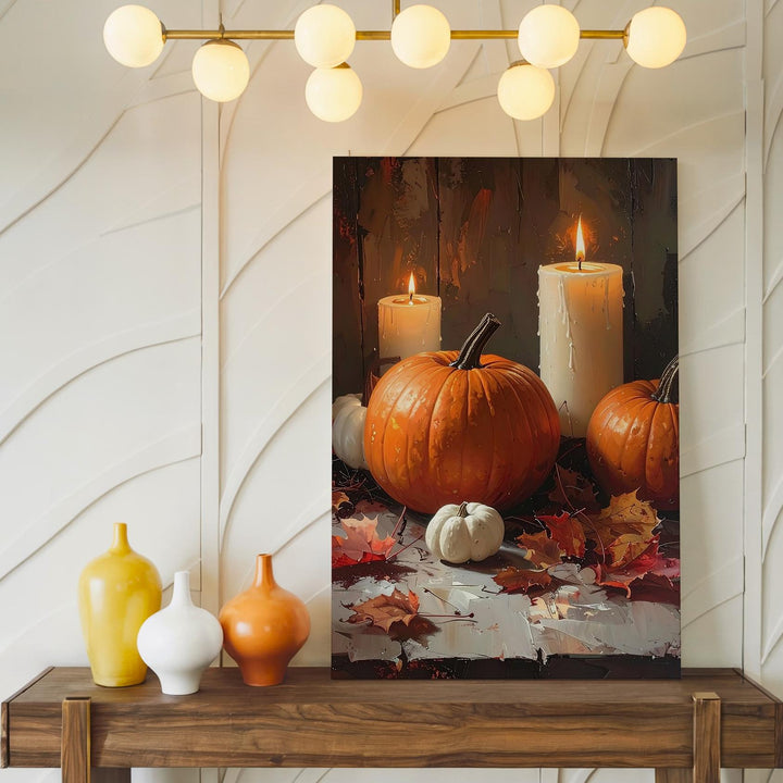 Cozy Autumn Candle & Pumpkin Canvas – Warm Thanksgiving Still Life Art - Gifitto