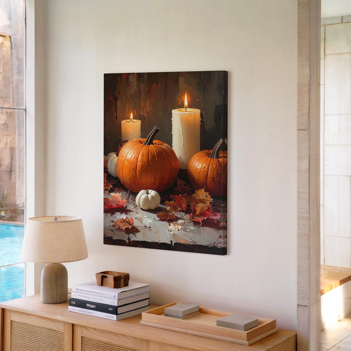 Cozy Autumn Candle & Pumpkin Canvas – Warm Thanksgiving Still Life Art - Gifitto