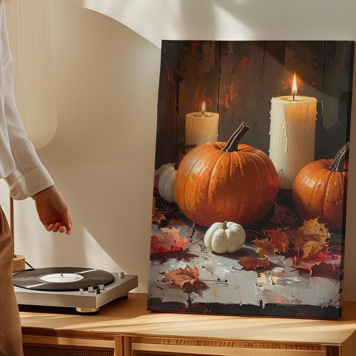 Cozy Autumn Candle & Pumpkin Canvas – Warm Thanksgiving Still Life Art - Gifitto