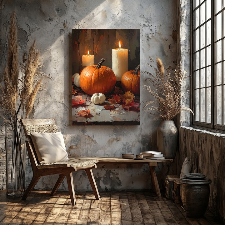 Cozy Autumn Candle & Pumpkin Canvas – Warm Thanksgiving Still Life Art - Gifitto