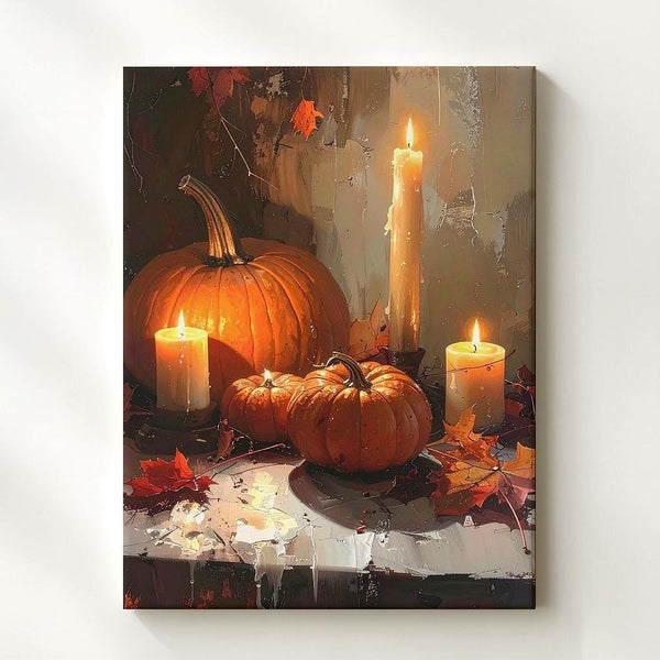 Glowing Candle & Pumpkin Table Canvas – Impressionist Autumn Still Life Art - Gifitto