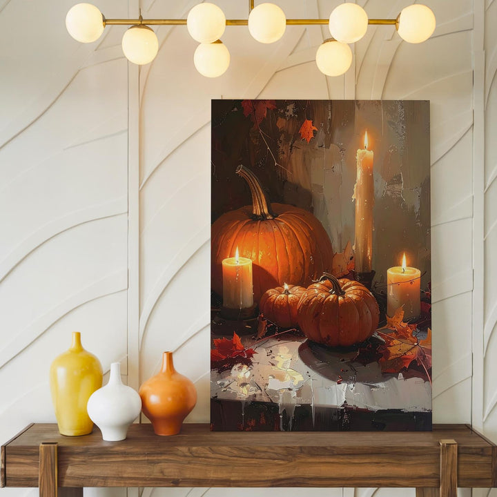Glowing Candle & Pumpkin Table Canvas – Impressionist Autumn Still Life Art - Gifitto