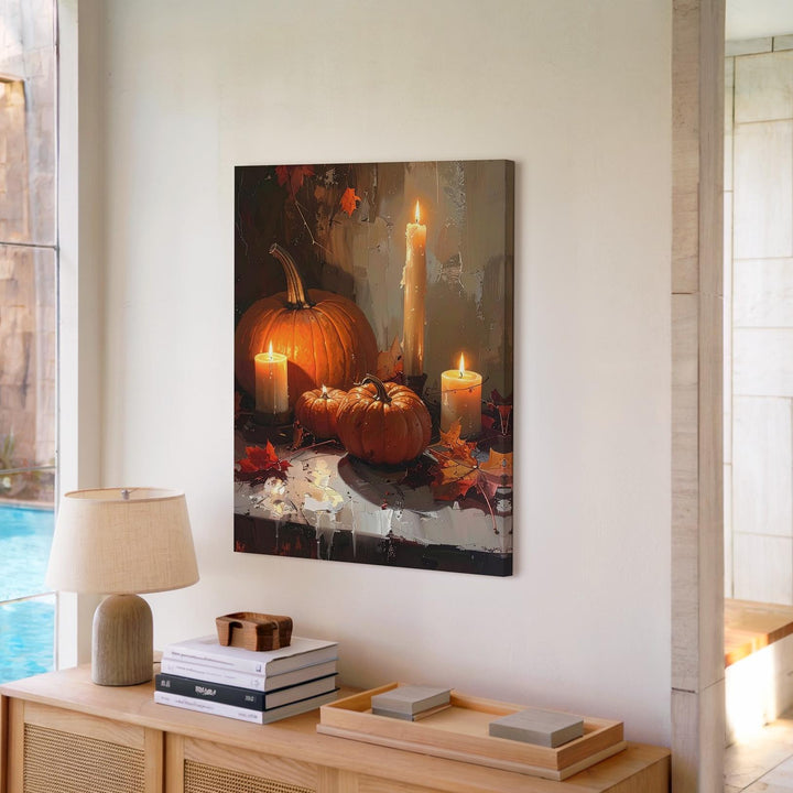 Glowing Candle & Pumpkin Table Canvas – Impressionist Autumn Still Life Art - Gifitto
