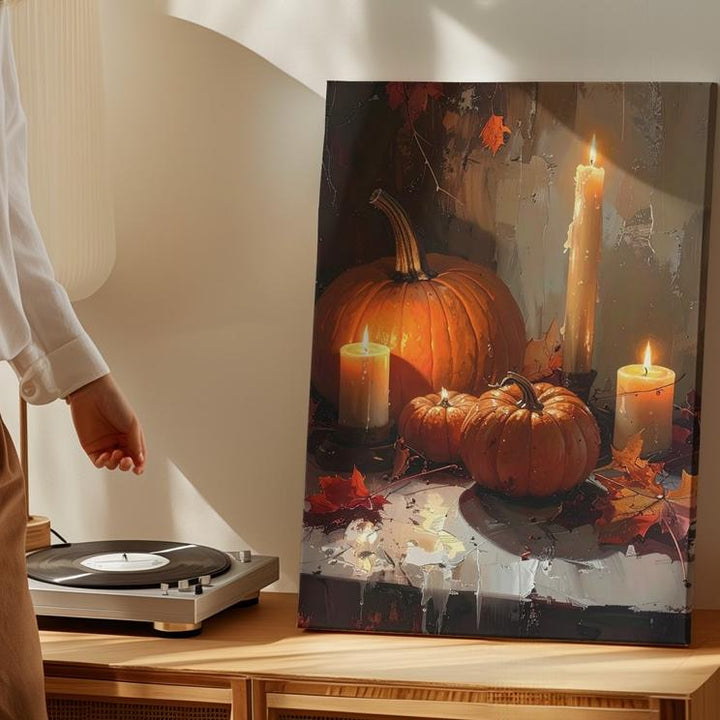 Glowing Candle & Pumpkin Table Canvas – Impressionist Autumn Still Life Art - Gifitto