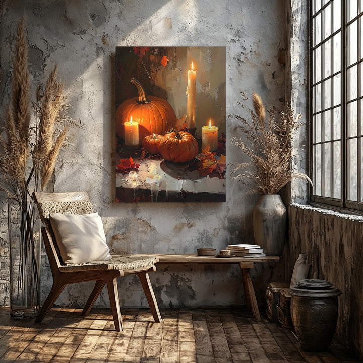 Glowing Candle & Pumpkin Table Canvas – Impressionist Autumn Still Life Art - Gifitto