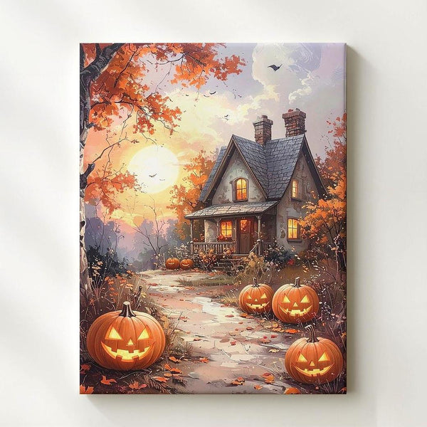 Cozy Cottage Canvas – Jack-o’-Lantern Path & Glowing Autumn Sky Art - Gifitto
