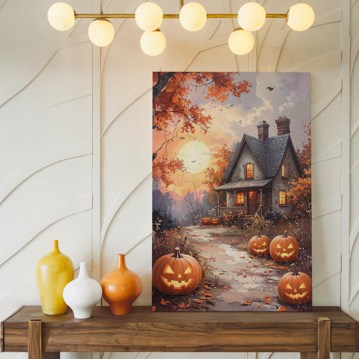 Cozy Cottage Canvas – Jack-o’-Lantern Path & Glowing Autumn Sky Art - Gifitto