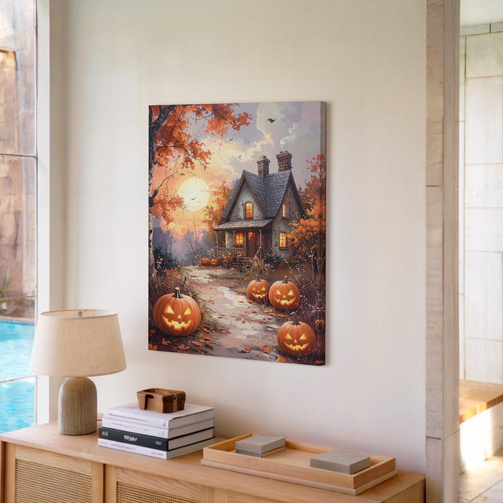 Cozy Cottage Canvas – Jack-o’-Lantern Path & Glowing Autumn Sky Art - Gifitto