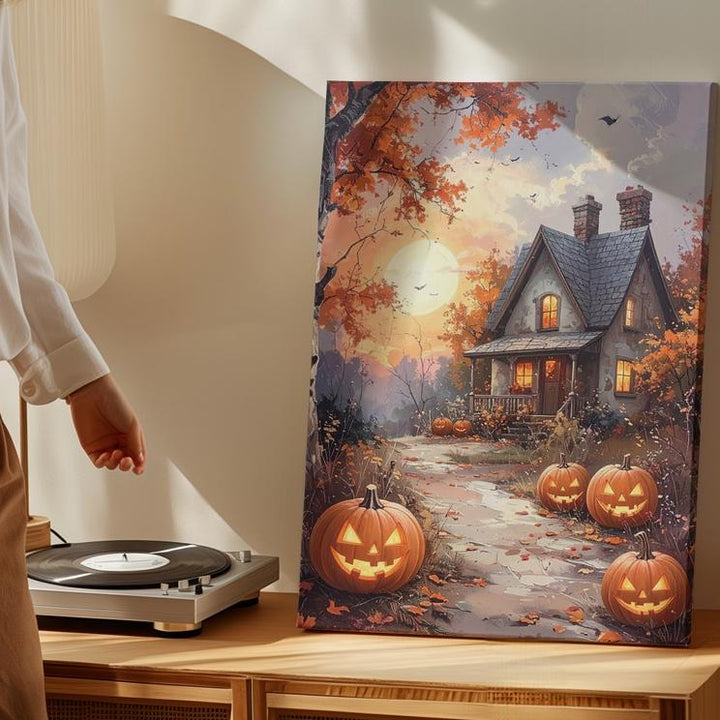 Cozy Cottage Canvas – Jack-o’-Lantern Path & Glowing Autumn Sky Art - Gifitto