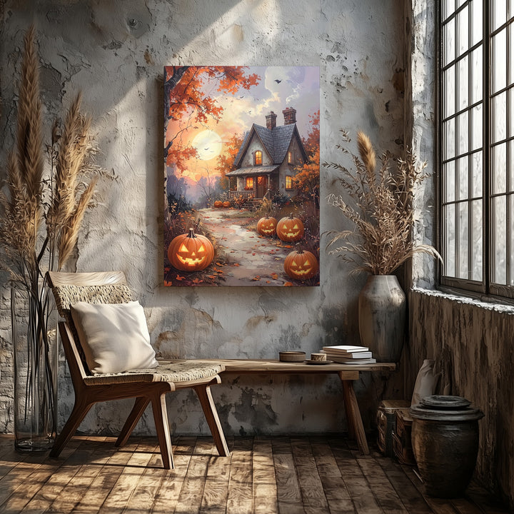 Cozy Cottage Canvas – Jack-o’-Lantern Path & Glowing Autumn Sky Art - Gifitto
