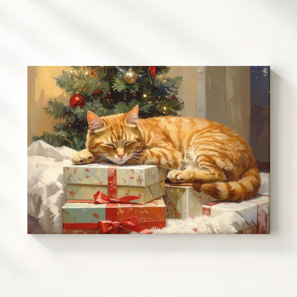 Cozy Tabby Cat Christmas Canvas – Feline Comfort by Holiday Tree - Gifitto