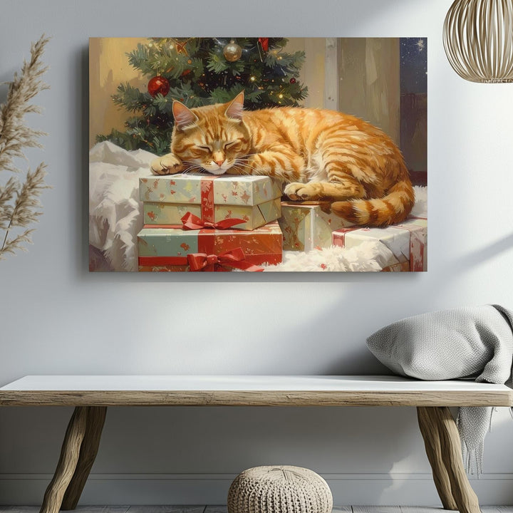 Cozy Tabby Cat Christmas Canvas – Feline Comfort by Holiday Tree - Gifitto