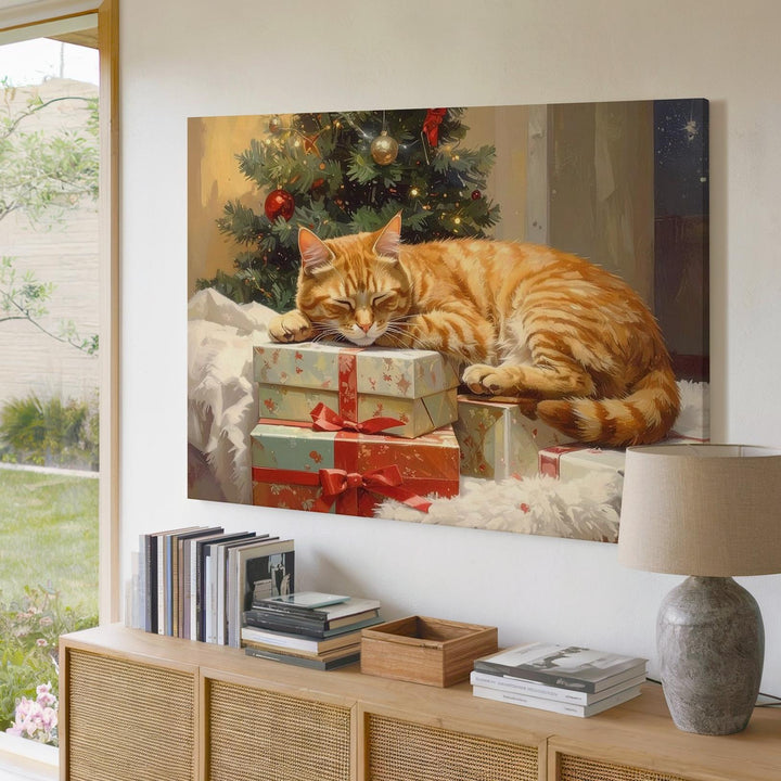 Cozy Tabby Cat Christmas Canvas – Feline Comfort by Holiday Tree - Gifitto