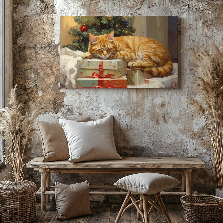 Cozy Tabby Cat Christmas Canvas – Feline Comfort by Holiday Tree - Gifitto