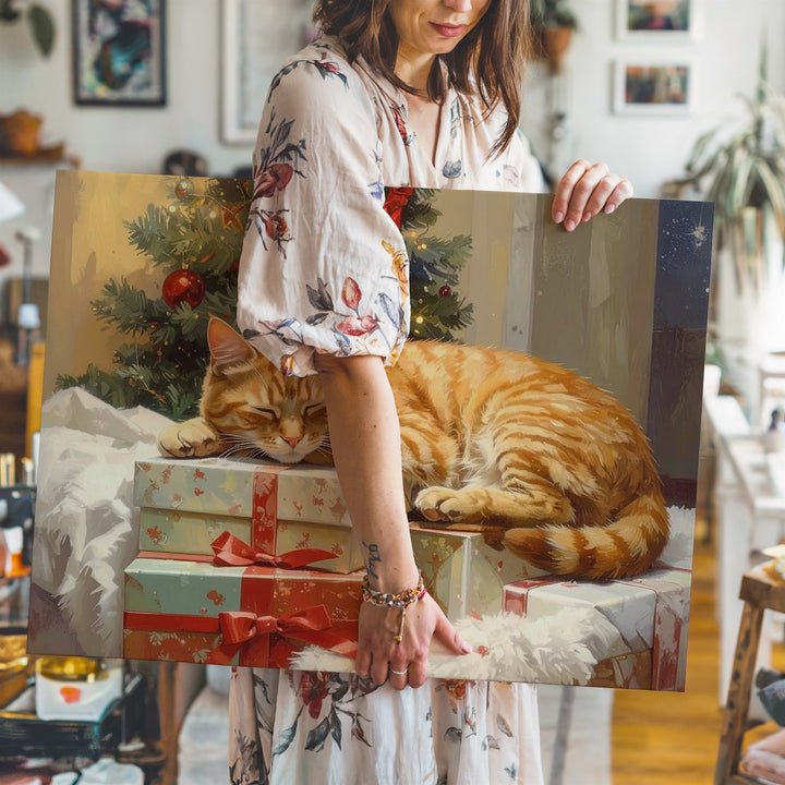 Cozy Tabby Cat Christmas Canvas – Feline Comfort by Holiday Tree - Gifitto
