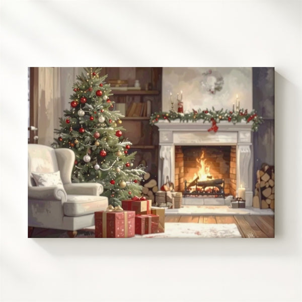 Cozy Fireplace & Christmas Tree Canvas – Warm Indoor Holiday Scene - Gifitto
