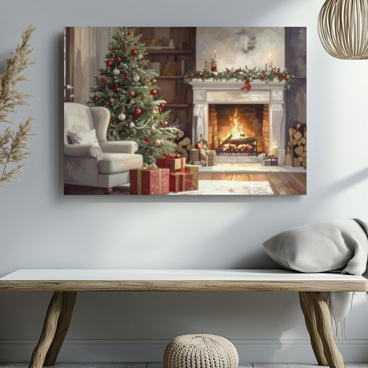 Cozy Fireplace & Christmas Tree Canvas – Warm Indoor Holiday Scene - Gifitto