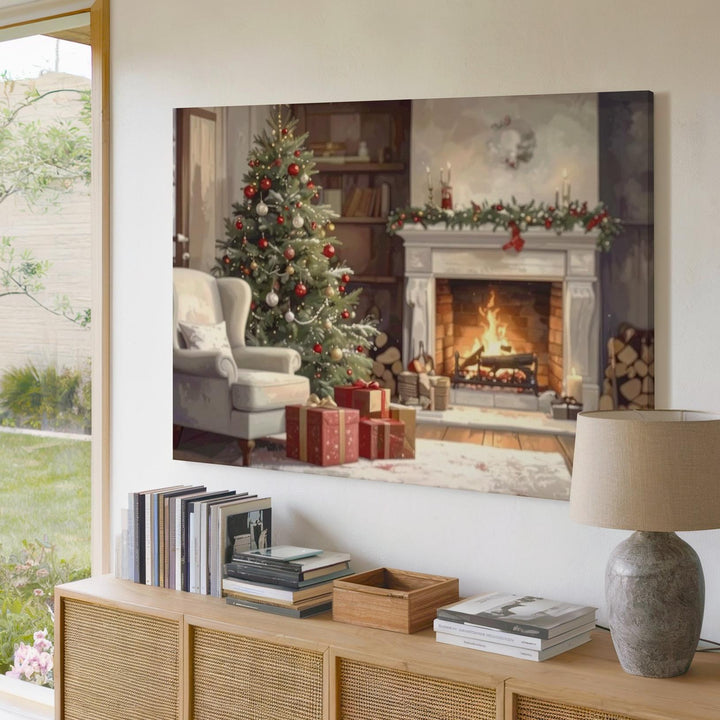 Cozy Fireplace & Christmas Tree Canvas – Warm Indoor Holiday Scene - Gifitto