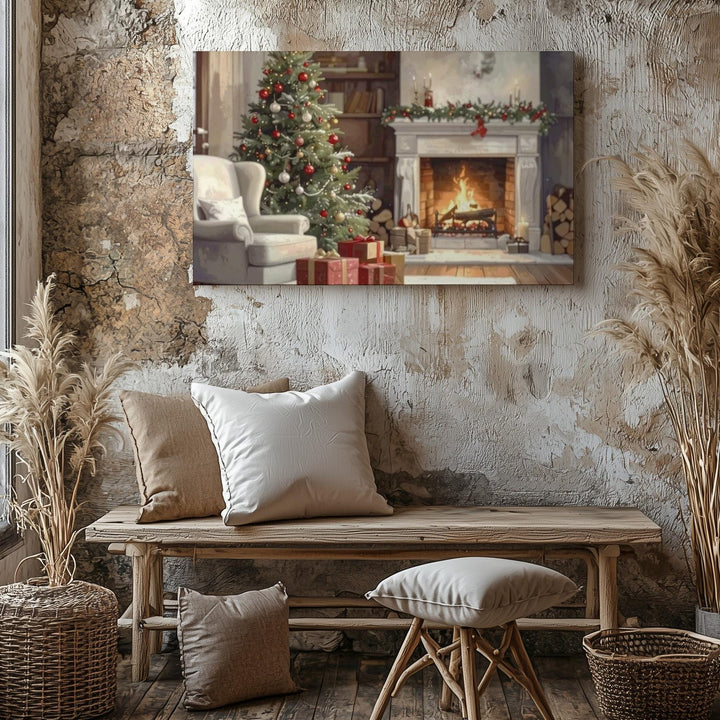 Cozy Fireplace & Christmas Tree Canvas – Warm Indoor Holiday Scene - Gifitto