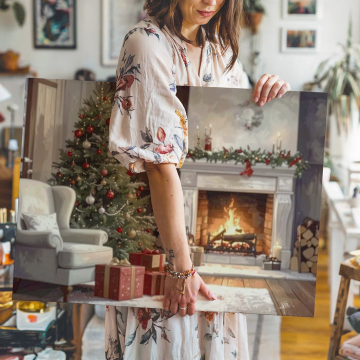 Cozy Fireplace & Christmas Tree Canvas – Warm Indoor Holiday Scene - Gifitto