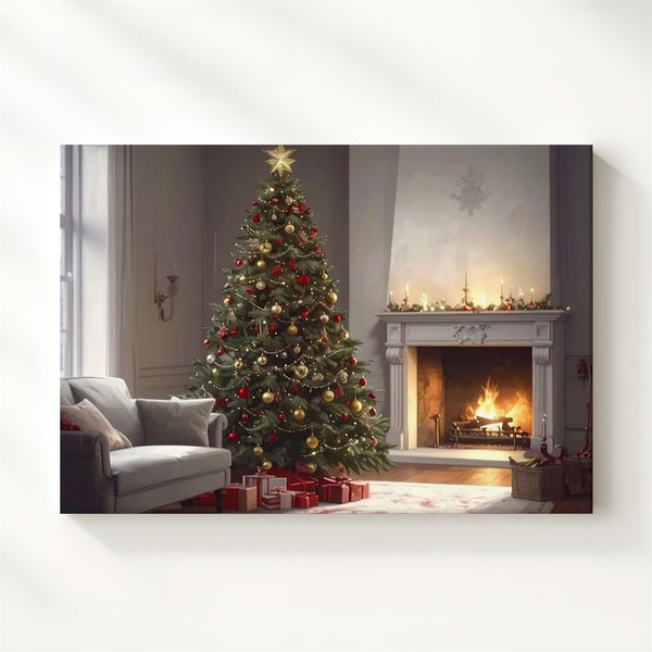 Cozy Christmas Interior Canvas – Warm Tree & Hearth Holiday Scene - Gifitto
