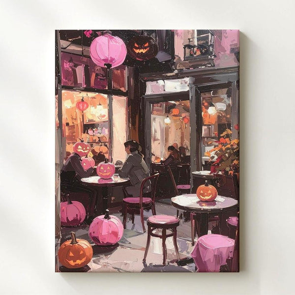 Cozy Night Café Canvas – Pink Jack-o’-Lanterns & Glowing Lights Art - Gifitto