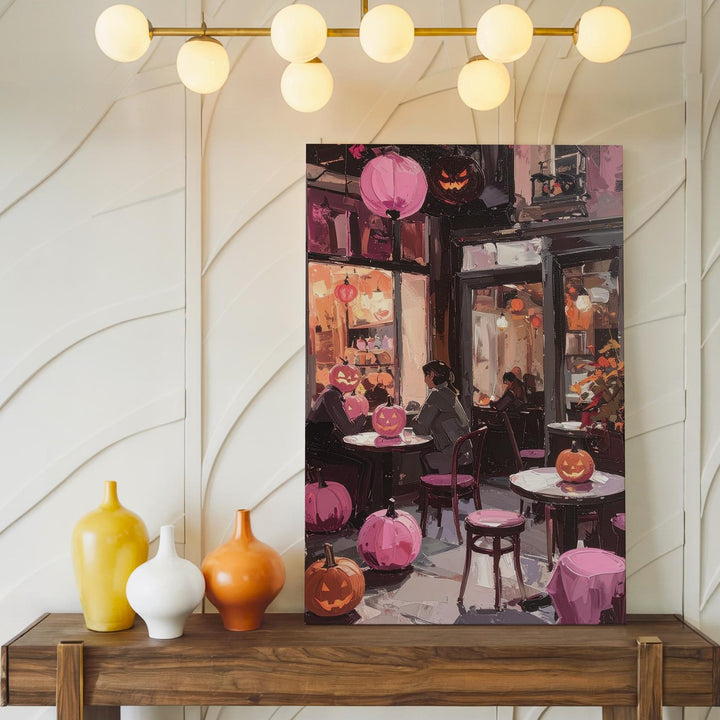 Cozy Night Café Canvas – Pink Jack-o’-Lanterns & Glowing Lights Art - Gifitto