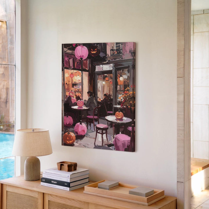 Cozy Night Café Canvas – Pink Jack-o’-Lanterns & Glowing Lights Art - Gifitto