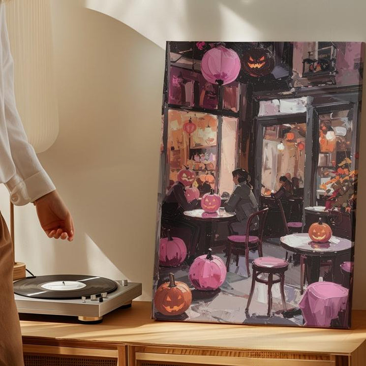 Cozy Night Café Canvas – Pink Jack-o’-Lanterns & Glowing Lights Art - Gifitto