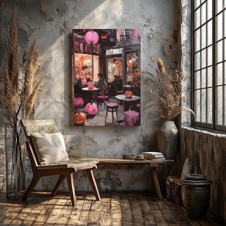 Cozy Night Café Canvas – Pink Jack-o’-Lanterns & Glowing Lights Art - Gifitto