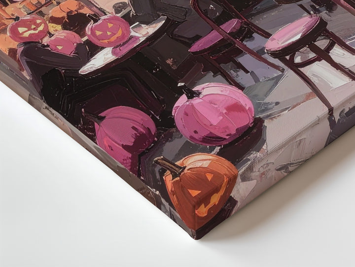 Cozy Night Café Canvas – Pink Jack-o’-Lanterns & Glowing Lights Art - Gifitto