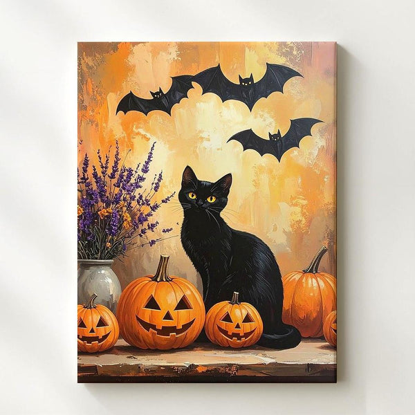 Whimsical Halloween Tabletop Canvas – Black Cat, Pumpkins & Lavender Art - Gifitto