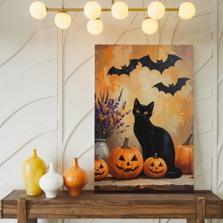 Whimsical Halloween Tabletop Canvas – Black Cat, Pumpkins & Lavender Art - Gifitto