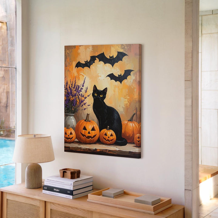 Whimsical Halloween Tabletop Canvas – Black Cat, Pumpkins & Lavender Art - Gifitto