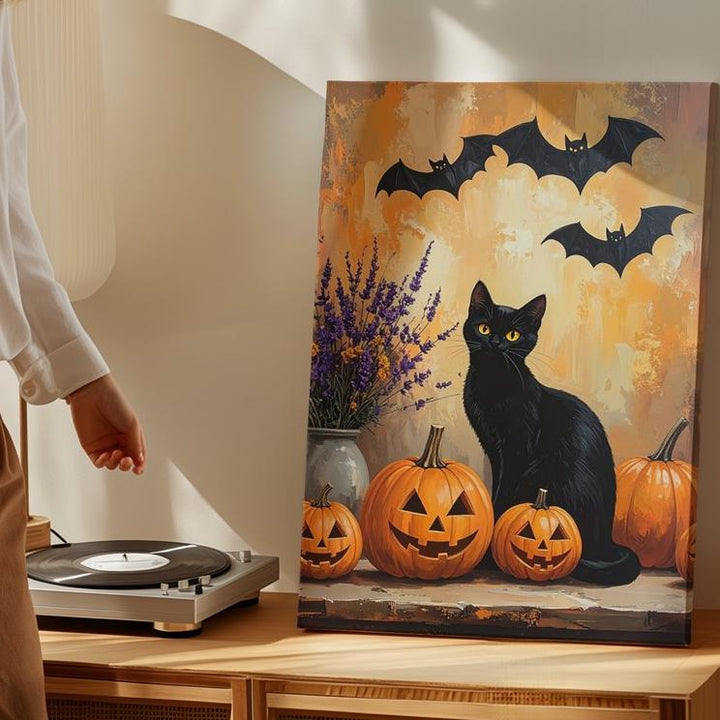 Whimsical Halloween Tabletop Canvas – Black Cat, Pumpkins & Lavender Art - Gifitto