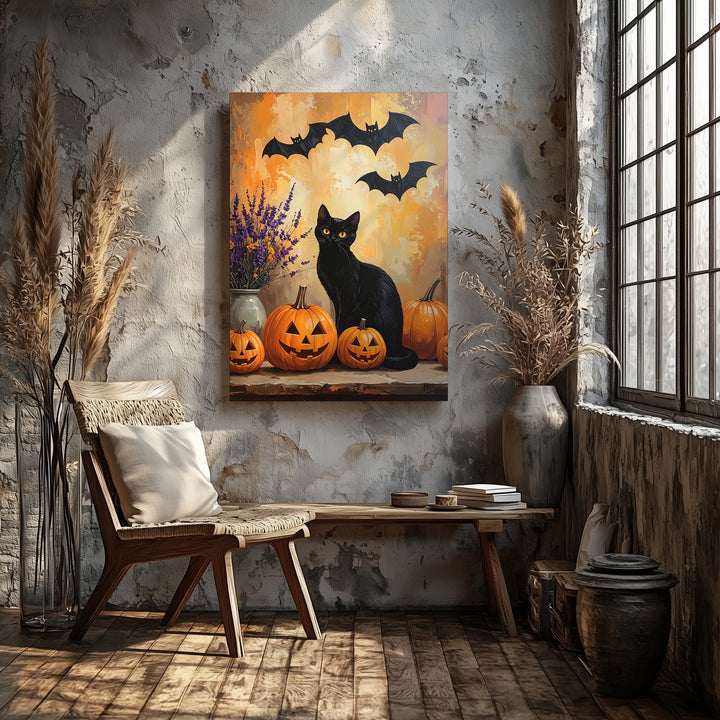 Whimsical Halloween Tabletop Canvas – Black Cat, Pumpkins & Lavender Art - Gifitto