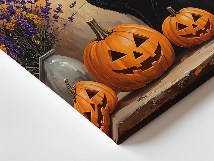 Whimsical Halloween Tabletop Canvas – Black Cat, Pumpkins & Lavender Art - Gifitto