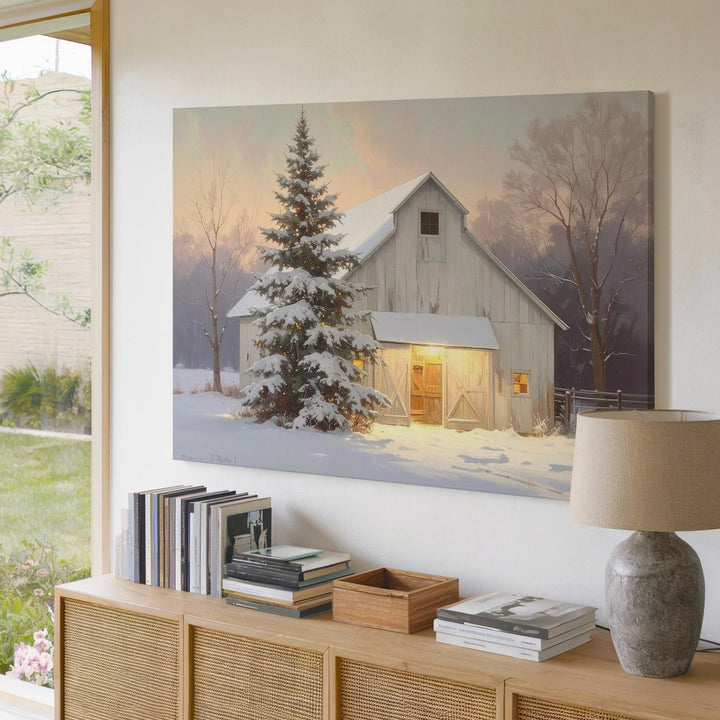 Cozy Winter Barn Canvas – Peaceful Country Christmas Scene - Gifitto