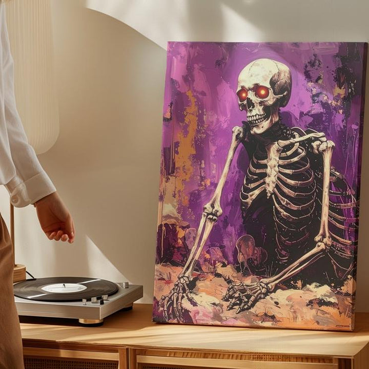 Glowing Eye Skeleton Canvas – Dramatic Purple & Orange Horror Art - Gifitto