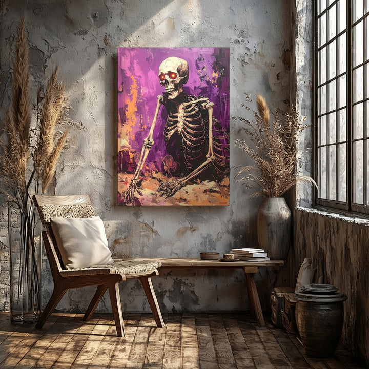 Glowing Eye Skeleton Canvas – Dramatic Purple & Orange Horror Art - Gifitto