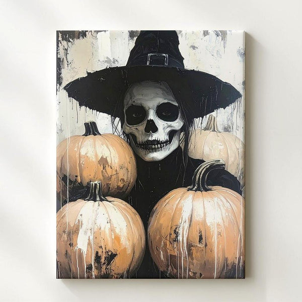 Witch Skeleton with Pumpkins Canvas – Modern Gothic Halloween Portrait - Gifitto