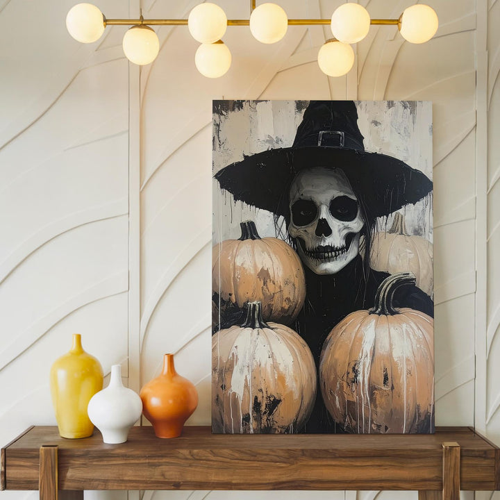 Witch Skeleton with Pumpkins Canvas – Modern Gothic Halloween Portrait - Gifitto